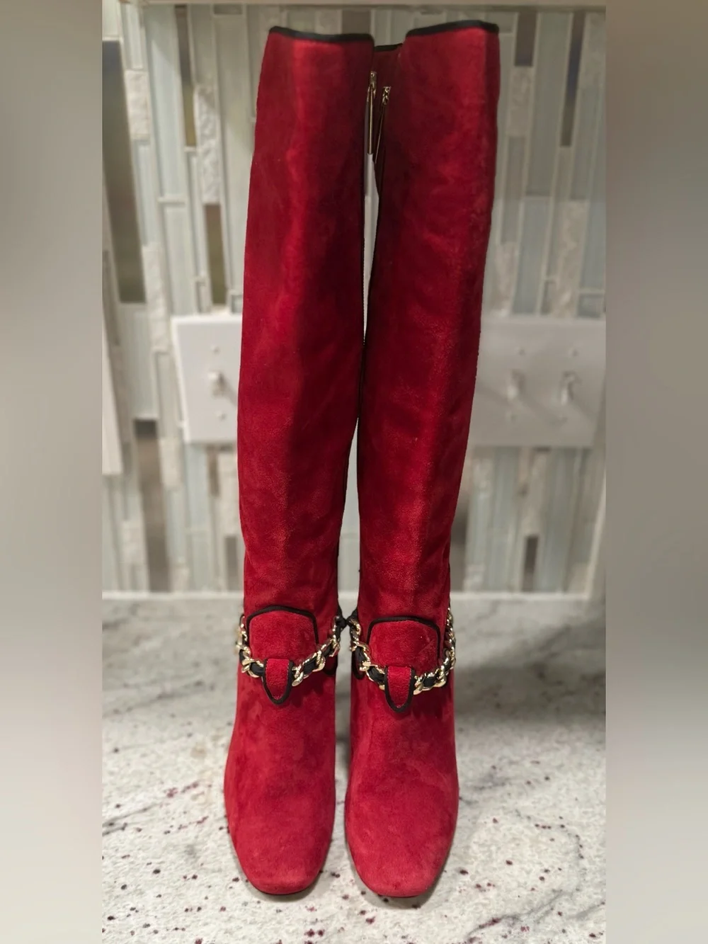 Karl Lagerfeld Maryam Red Suede Knee High Boots with Chain Trim